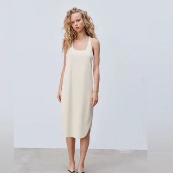 Zara Cream Textured Weave Racerback Tank Curved Raw Hem Midi Dress Size M - Picture 1 of 9